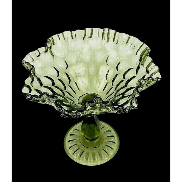 Compote Candy Dish Pedestal Green Thumb Print Ruffle 7" Height Vintage - Picture 2 of 8